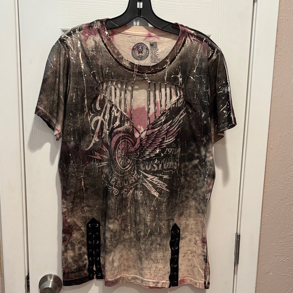 Affliction Cream and Pink Graphic Tee